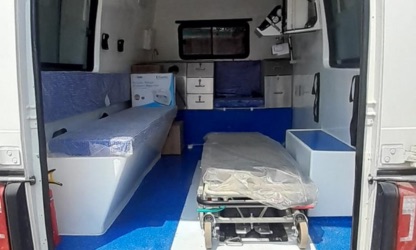 ICU ambulance interior with medical equipment and stretcher in Faridabad